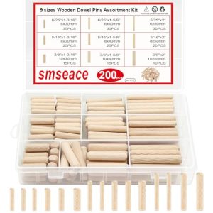 200 Pezzi Spilli di Legno con Estremità Conica e Scanalatura Angolare – 9 Misure 6/25″ 5/16″ 3/8″ (6Mm, 8Mm, 10Mm) Utilizzati per Fai da Te, Mobili, Porte, Artigianato  | Spilli Spilli Spilli