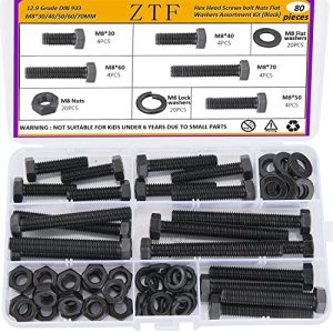 8 Pezzi M8 X 1.25 Viti Metriche Assortimento di Dadi e Viti 3Mm, 4Mm, 5Mm, 6Mm, 7Mm, 2 Set di Viti a Testa Esagonale Nere con Filettatura Completa e Dadi M8, Acciaio Legato di Grado 12.9 con Rondelle Piane e di Blocco  | Set di assortimento di dadi e bulloni Set di assortimento di dadi e bulloni Set di assortimento di dadi e bulloni