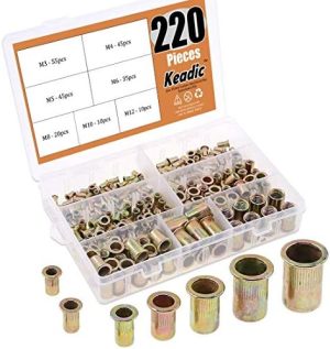 Keadic 22 Pezzi Kit Assortimento di Inserti Filettati a Testa Piatta in Rame Zincato Metrici – 7 Misure: M3 M4 M5 M6 M8 M10 M12  | Inserti filettati Inserti filettati Inserti filettati