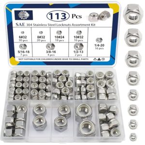 Kit assortimento di 113 dadi a bloccaggio, 6#32 8#32 10#24 10#32 5/16″-18 3/8″-16 1/2″-13 1/4″-20 set di dadi a bloccaggio esagonali con inserto in nylon Sae, dadi Nylock standard in acciaio inossidabile 304 con filettatura in pollice.  | Noci Noci Noci