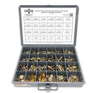 Kit assortimento di viti a testa esagonale di grado 8 Made in USA con filettatura fine, dadi esagonali finiti, rondelle piane e rondelle di bloccaggio, composto da 574 pezzi.  | Set di assortimento di dadi e bulloni Set di assortimento di dadi e bulloni Set di assortimento di dadi e bulloni