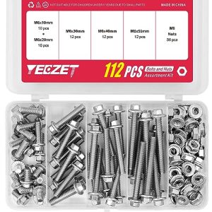 Kit di 112 pezzi di bulloni e dadi esagonali flangiati in acciaio inossidabile 304 M6 – 10mm, 20mm, 30mm, 40mm, 50mm  | Set di assortimento di dadi e bulloni Set di assortimento di dadi e bulloni Set di assortimento di dadi e bulloni