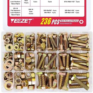 Kit di 236 pezzi di bulloni e dadi di grado 8 ad alta resistenza con rondelle, assortimento di bulloni esagonali 1/4-20, 5/16-18, 3/8-16, include 13 delle dimensioni più comuni.  | Set di assortimento di dadi e bulloni Set di assortimento di dadi e bulloni Set di assortimento di dadi e bulloni