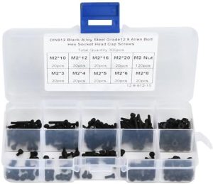 Kit di 300 pezzi di bulloni e dadi esagonali M2, bulloni da 3-20 mm in acciaio legato nero anti-ruggine di grado 12.9 con custodia di stoccaggio.  | Set di assortimento di viti e bulloni Set di assortimento di viti e bulloni Set di assortimento di viti e bulloni