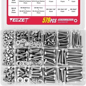 Kit di 579 pezzi di bulloni e dadi 1/4-20 5/16-18 3/8-16 in acciaio inossidabile 18-8, kit assortito di bulloni esagonali, dadi e rondelle pesanti, include 15 delle dimensioni più comuni.  | Set di assortimento di dadi e bulloni Set di assortimento di dadi e bulloni Set di assortimento di dadi e bulloni