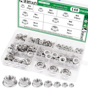 Kit di assortimento di 140 pezzi di dadi a flangia esagonali in acciaio inox 304 – 7 misure metriche: M3, M4, M5, M6, M8, M10, M12.  | Noci Noci Noci