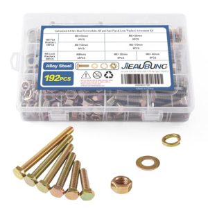 Kit di assortimento di 192 pezzi di viti e bulloni esagonali M8 X 3/4/5/6/7/8 mm con dadi, rondelle piane e rondelle di bloccaggio, in acciaio legato di grado 8.8, zincato giallo, viti di ricambio, completamente filettate.  | Set di assortimento di dadi e bulloni Set di assortimento di dadi e bulloni Set di assortimento di dadi e bulloni