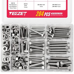 Kit di assortimento di 204 pezzi di bulloni e dadi esagonali pesanti da 1/4″, 5/16″ e 3/8″ in acciaio inossidabile 304  | Set di assortimento di viti e bulloni Set di assortimento di viti e bulloni Set di assortimento di viti e bulloni