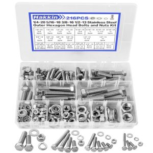 Kit di assortimento di 216 pezzi di bulloni e dadi esagonali in acciaio inossidabile, viti a testa esagonale da 1/4″, 5/16″, 3/8″, 1/2″, rondelle piatte e a molla di bloccaggio, set di viti completamente filettate con custodia di stoccaggio.  | Set di assortimento di viti e bulloni Set di assortimento di viti e bulloni Set di assortimento di viti e bulloni