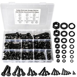 Kit di assortimento di 328 pezzi di bulloni metrici M3/M4/M5/M6/M8/M10/M12, viti a testa esagonale piatta in acciaio al carbonio di grado 8.8, kit di bulloni e dadi, assortimento di dadi, guarnizioni piatte e rondelle di bloccaggio (Nero)  | Set di assortimento di viti e bulloni Set di assortimento di viti e bulloni Set di assortimento di viti e bulloni