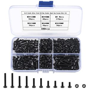 Kit di assortimento di 34 pezzi di viti a testa esagonale, bulloni e dadi, M3 piccoli dadi e viti in acciaio legato metrici neri per stampanti 3D fai-da-te – M3 X 6Mm/8Mm/10Mm/12Mm/16Mm/20Mm  | Set di assortimento di viti e bulloni Set di assortimento di viti e bulloni Set di assortimento di viti e bulloni