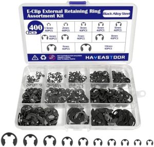 Kit di assortimento di 400 pezzi di E-Clip in acciaio legato nero, anelli di ritenzione esterni, rondelle, include dimensioni da 1,5 mm a 10 mm HE002.  | Anelli di ritenzione Anelli di ritenzione Anelli di ritenzione