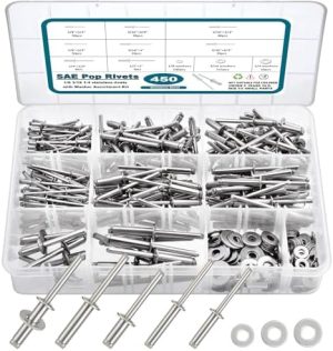 Kit di assortimento di 450 pezzi di rivetti a pop in acciaio inossidabile 304 con rondelle, rivetti ciechi assortiti da 1/8″, 3/16″, 1/4″ in 8 misure SAE, riparazioni fai da te / domestiche / automobilistiche.  | Rivetti Rivetti Rivetti