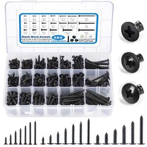 Kit di assortimento di 485 viti nere per legno, viti nere per legno, teste tonde #6#8#10, teste a trave e teste piatte, viti autofilettanti, 20 misure in acciaio nero da 1/2 a 2 pollici.  | Viti Viti Viti