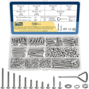 Kit di assortimento di 540 pezzi di viti a testa pan Phillips #8-32 con dadi, rondelle piane, rondelle di bloccaggio e cacciavite, set di viti e rondelle in acciaio inossidabile SAE 304.  | Set di assortimento di viti e bulloni Set di assortimento di viti e bulloni Set di assortimento di viti e bulloni