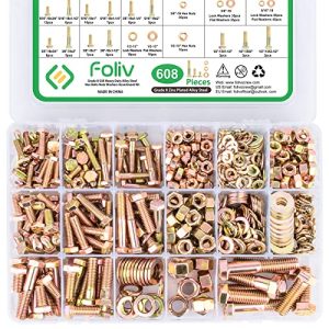 Kit di assortimento di 608 pezzi di bulloni e dadi di grado 8, 1/4-20, 5/16-18, 3/8-16, 1/2-13, kit di bulloni esagonali SAE pesanti con dadi e rondelle.  | Set di assortimento di dadi e bulloni Set di assortimento di dadi e bulloni Set di assortimento di dadi e bulloni