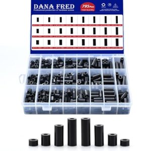 Kit di assortimento di 795 pezzi di distanziatori rotondi in nylon non filettati, hardware in plastica, colore nero, OD 7 mm, ID 3 mm, 4 mm, 5 mm, lunghezze 4 mm, 5 mm, 6 mm, 8 mm, 1 mm, 15 mm, 18 mm, 2 mm, 25 mm.  | Distanziali e distanziali Distanziali e distanziali Distanziali e distanziali