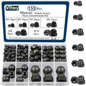 Kit di assortimento di dadi acorn in nylon nero metrico, M3 M4 M5 M6 M8 M10 155 pezzi, set di dadi a cappuccio UNC, tappi per bulloni, dadi esagonali a testa bombata per uso interno ed esterno.  | Noci Noci Noci