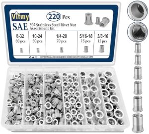 Kit di assortimento di dadi rivettati Sae (220 pezzi), #8-32 #10-24 1/4″-20 5/16″-18 3/8″-16, set di rivnut a testa piatta in acciaio inossidabile 304, dado inserto filettato rivnut.  | Inserti filettati Inserti filettati Inserti filettati