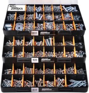 Kit di Assortimento Hardware da 2000 Pz, Kit di Assortimento di Dadi e Bulloni con 64 Dimensioni di Bulloni, Dadi e Rondelle, Organizzatore di Viti in Metallo e Legno (3 Vassoi)  | Set di assortimento di dadi e bulloni Set di assortimento di dadi e bulloni Set di assortimento di dadi e bulloni