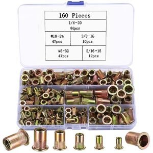 Kit di Dadi Rivetto, Set di 16 Pezzi di Dadi Rivetto SAE e Metrici, Dadi Rivetto a Testa Piatta, Inserti Filettati Rullati, Kit di Dadi Rivetto con Finitura in Zinco Giallo, 1/4″-2, 1#-24, 3/8″-16, 8#-32, 5/16″-18  | Inserti filettati Inserti filettati Inserti filettati