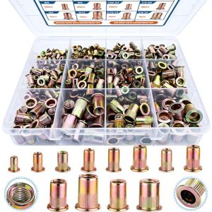 Kit di Rivetti, 470 Pezzi Rivetti SAE e Metrici UNC, Inserti Filettati in Acciaio al Carbonio Zincato, Set di Nutserts, Misure 6-32, 8-32, 10-24, 1/4″-20, 5/16″-18, 3/8″-16, M3, M4, M5, M6, M8, M10.  | Inserti filettati Inserti filettati Inserti filettati