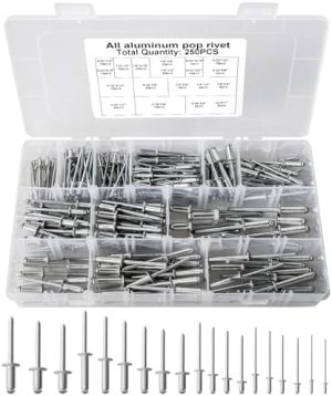 Kit di Rivetti in Acciaio Inossidabile da 250 Pezzi, Rivetti Blindati in Alluminio, Assortimento di Rivetti a Pop, 18 Dimensioni di Rivetti a Flangia Grande (3/32″, 1/8″, 5/32″, 3/16″, 1/4″), Rivetti Impermeabili per Manutenzione di Mobili Fai da Te  | Rivetti Rivetti Rivetti