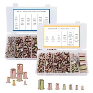 Kit di Strumenti per Dadi Rivettati, 400 Pezzi Assortimento di Dadi Rivettati SAE e Metrici, Inserti a Testa Piatta in Acciaio al Carbonio per Metallo (Standard #6 a 1/2, M3 a M12, 14 Dimensioni)  | Inserti filettati Inserti filettati Inserti filettati