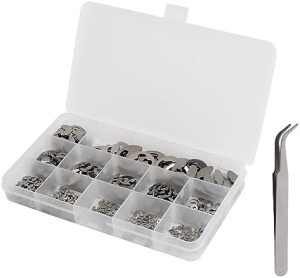 Set di 4 Pezzi di E-Clip in Acciaio Inossidabile con Pinzette, Anelli di Ritenzione Esterni, Kit di Circlip E-Ring, Include Dimensioni da (1.5Mm a 15Mm) per Cuscinetti, Ingranaggi, Pulegge, Assi (Argento)  | Anelli di ritenzione Anelli di ritenzione Anelli di ritenzione