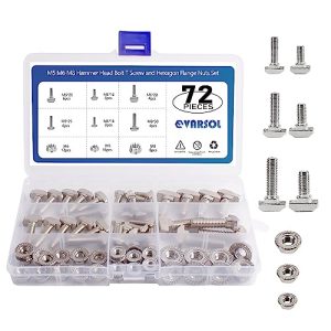 Set di 72 pezzi di bulloni a testa martello M5 M6 M8 e dadi flangiati esagonali M5 M6 M8 in acciaio al carbonio nichelato per profilo in alluminio a T-Slot standard europeo 2 3 serie.  | T-Nuts T-Nuts T-Nuts