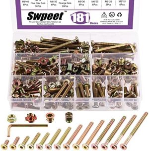 Swpeet 181 Pezzi M6 X 15Mm – 8Mm Viti a Testa Piatta Esagonale Zincata per Letto da Neonato con Dadi, Viti e Dadi Filettati con Flangia e Kit Assortito di Dadi a T a 4 Prong con Chiave Allen.  | Set di assortimento di dadi e bulloni Set di assortimento di dadi e bulloni Set di assortimento di dadi e bulloni