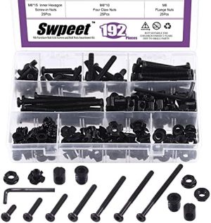 Swpeet 192Pezzi M6 × 2/3/4/5/6/7/8Mm Viti a Testa Piatta Esagonale Zincate Nere per Letto da Neonato e Inserti Filettati con Dadi a Flangia e Kit di Dadi a T a 4 Punte con Chiave Allen  | Set di assortimento di dadi e bulloni Set di assortimento di dadi e bulloni Set di assortimento di dadi e bulloni