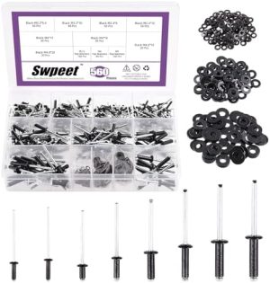 Swpeet 56 Pezzi Rivetti Pop Neri 3/32″ 1/8″ 5/32″ 3/16″ Kit di Assortimento con Rondelle di Backup in Acciaio Inossidabile, Rivetti Blindati in Alluminio Assortiti con Scatola Divisoria Etichettata per la Conservazione  | Rivetti Rivetti Rivetti