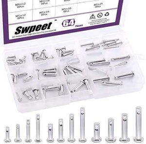 Swpeet 64Pz 34 Acciaio Inossidabile M3 M4 M5 Kit di Assortimento di Spilli Clevis di 12 Tipi, Spillo a Testa Piatta con Foro, Spillo a Forma di T, Spillo Rotondo con Scatola di Plastica  | Spilli Spilli Spilli