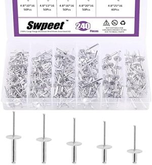 Swpeet Kit di 24 Rivetti Blindati in Alluminio con Flangia Grande da 3/16″, 3/8″, 1/2″, 5/8″, 3/4″ e 1″, Rivetti Pop in Argento di Tipo Open End per Uso Interno ed Esterno  | Rivetti Rivetti Rivetti