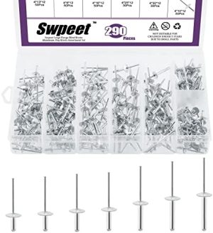 Swpeet Kit di Rivetti a Flangia Grande in Alluminio da 29 Pezzi 5/32″ X 5/16″ / 3/8″ / 1/2″ / 5/8″ / 3/4″ / 1″ / 1-3/16″, Rivetti Pop Argento Tipo Open End per Uso Interno ed Esterno  | Rivetti Rivetti Rivetti