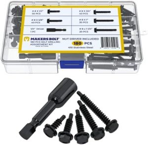 Viti Autofilettanti per Metallo, Confezione Assortita con Cacciavite (180 Pezzi) Acciaio Inossidabile 410 Nero, Diametro 8, Lunghezza da 1/2″ a 1-1/4″  | Viti Viti Viti