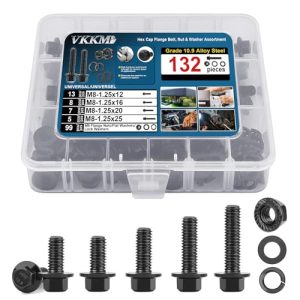 Vkkm 132 Pezzi Kit di Assortimento Viti a Testa Esagonale M8 con Flangia / Viti, Dadi e Rondelle / Ossido Nero, M8-1.25 X 12/16/2/25Mm, Custodia Riutilizzabile con Separatori Regolabili  | Set di assortimento di dadi e bulloni Set di assortimento di dadi e bulloni Set di assortimento di dadi e bulloni